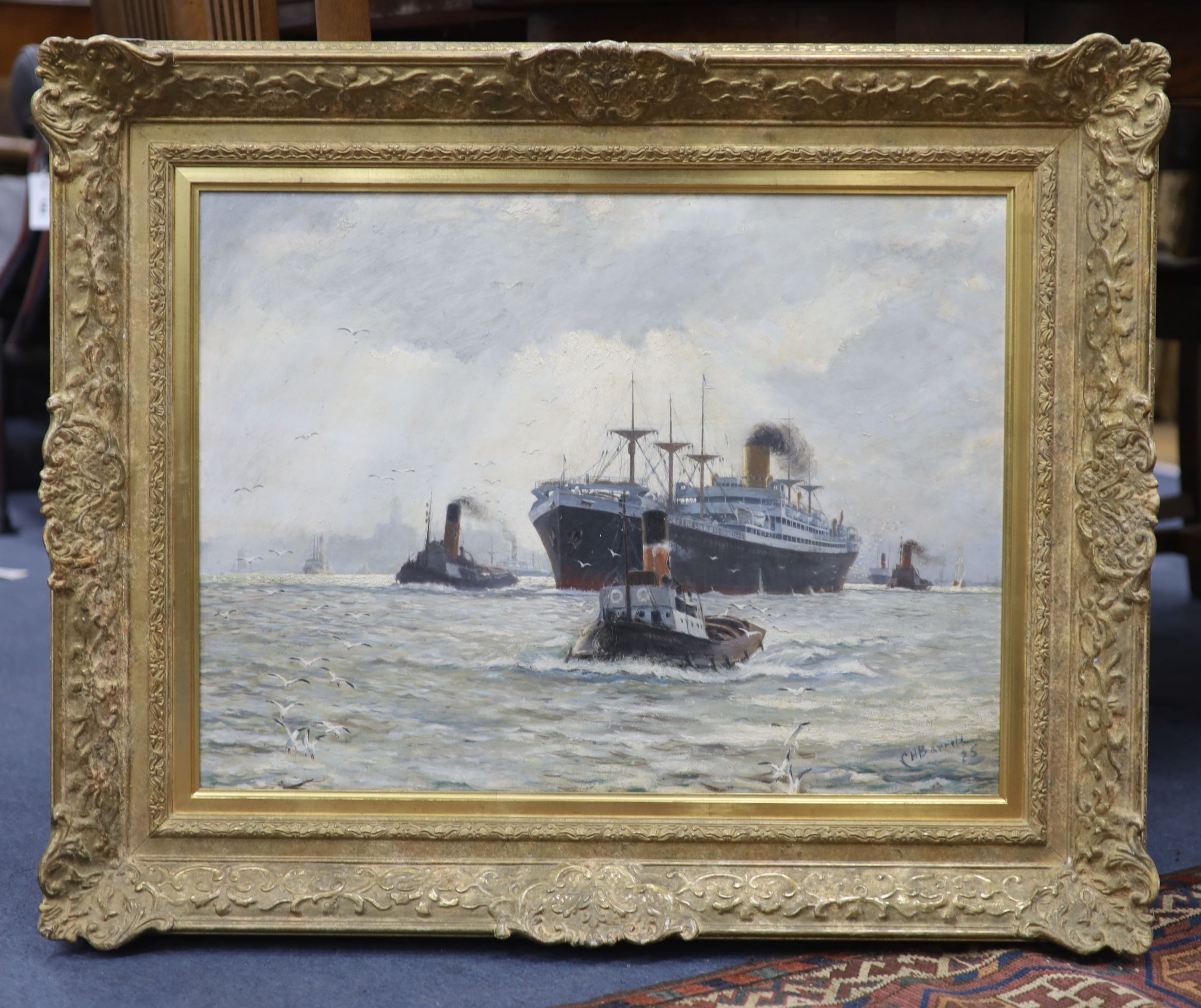 C.H.Barrett, oil on board, Shipping on the Thames, signed, 44 x 60cm.